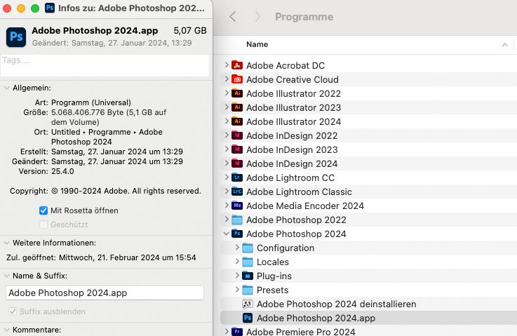Adobe Photoshop mit Rosetta öffnen
